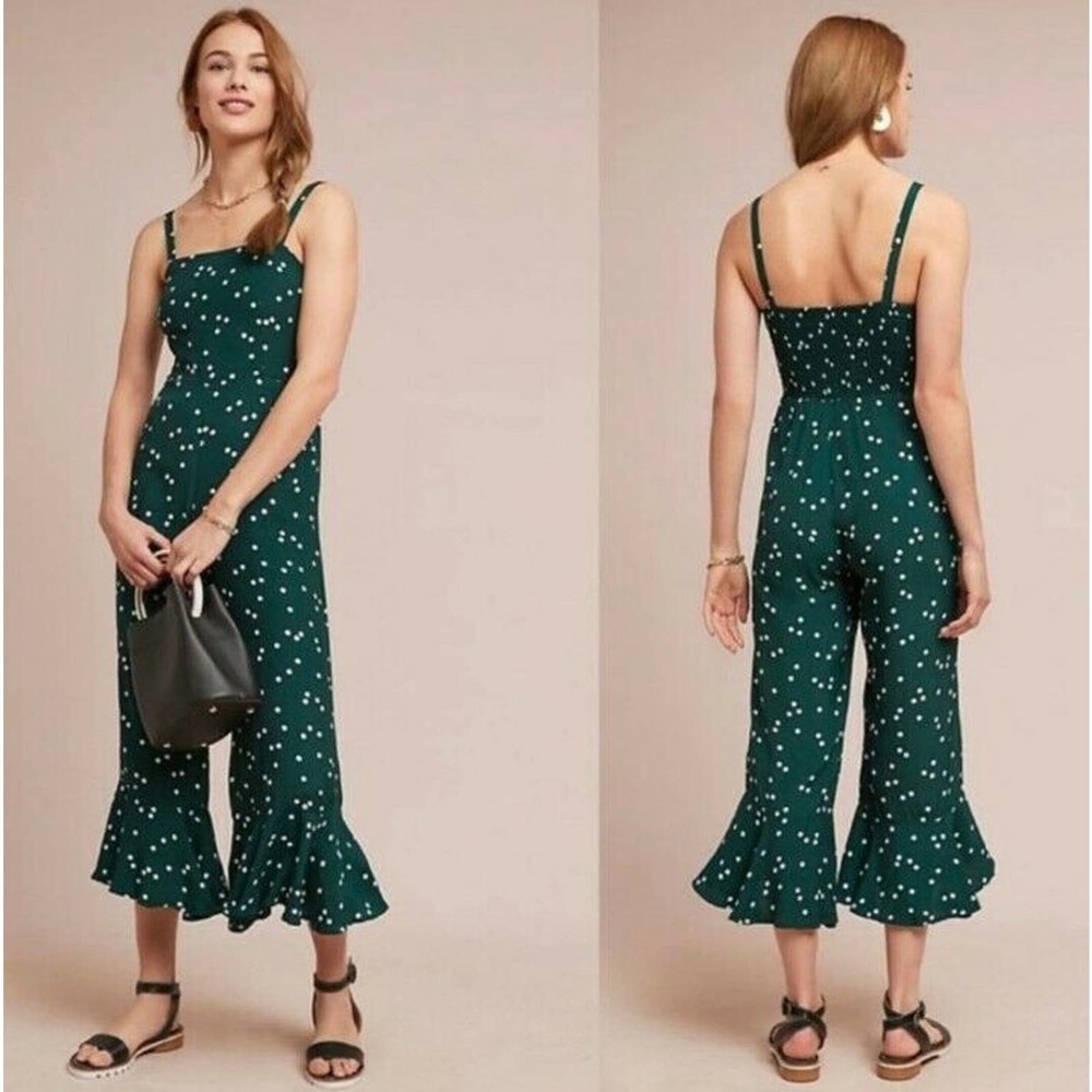 NWT Anthropologie Faithfull The Brand Lea Jumpsuit Linnea Polka Dot Green US 10